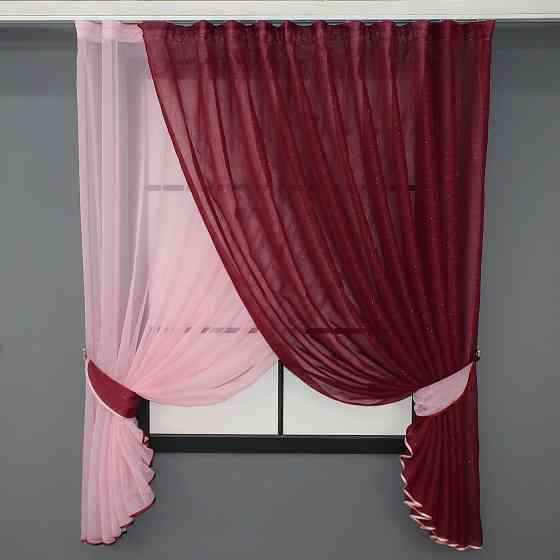 Кухонные шторки VR-Textil № 101к с подвязками розовый с бордовым 330х170 см (50-376) Киев