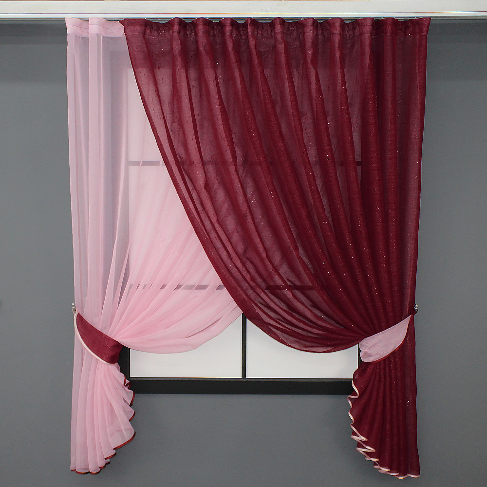 Кухонные шторки VR-Textil № 101к с подвязками розовый с бордовым 330х170 см (50-376) Киев - изображение 1