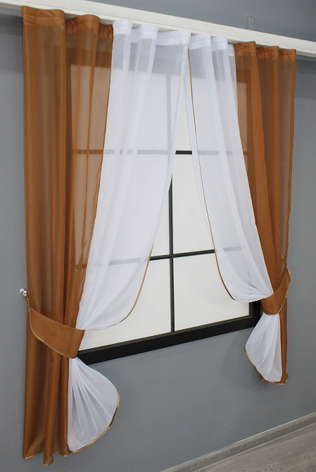 Кухонные шторы VR-Textil № 017к комбинированные с подвязками коричневый с белым 265х170 см (50-021) Киев - изображение 2