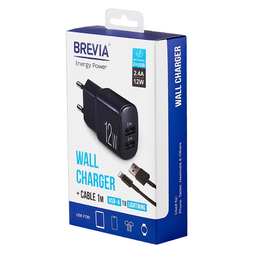 Сетевое зарядное устройство Brevia ePower 12W 2xUSB-A + кабель USB-A to Lightning 1м черный Львов - изображение 6