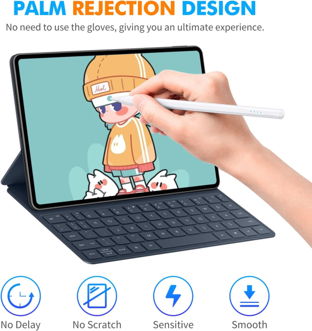 Стилус для iPad Tomorsi, Palm Rejection, быстрая зарядка, точное письмо, Apple iPad Pro/Air/iPad/Mini 2018–2023, белый Киев - изображение 5