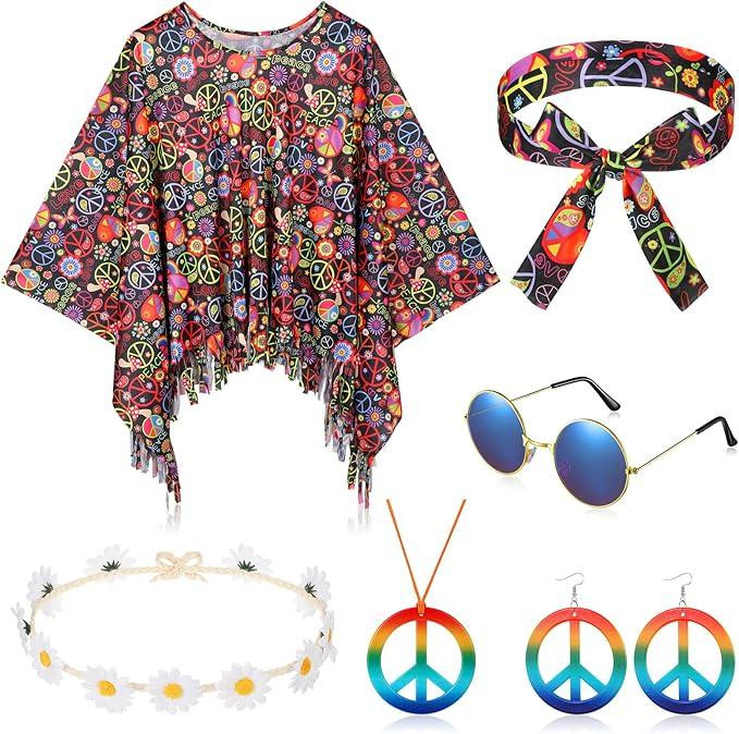 Хіпі костюм жіночій ретро у стилі 60х 70х для Хелловіну, вечірки, корпоративу, карнавальний комплект хіппі пончо Київ - фото 1