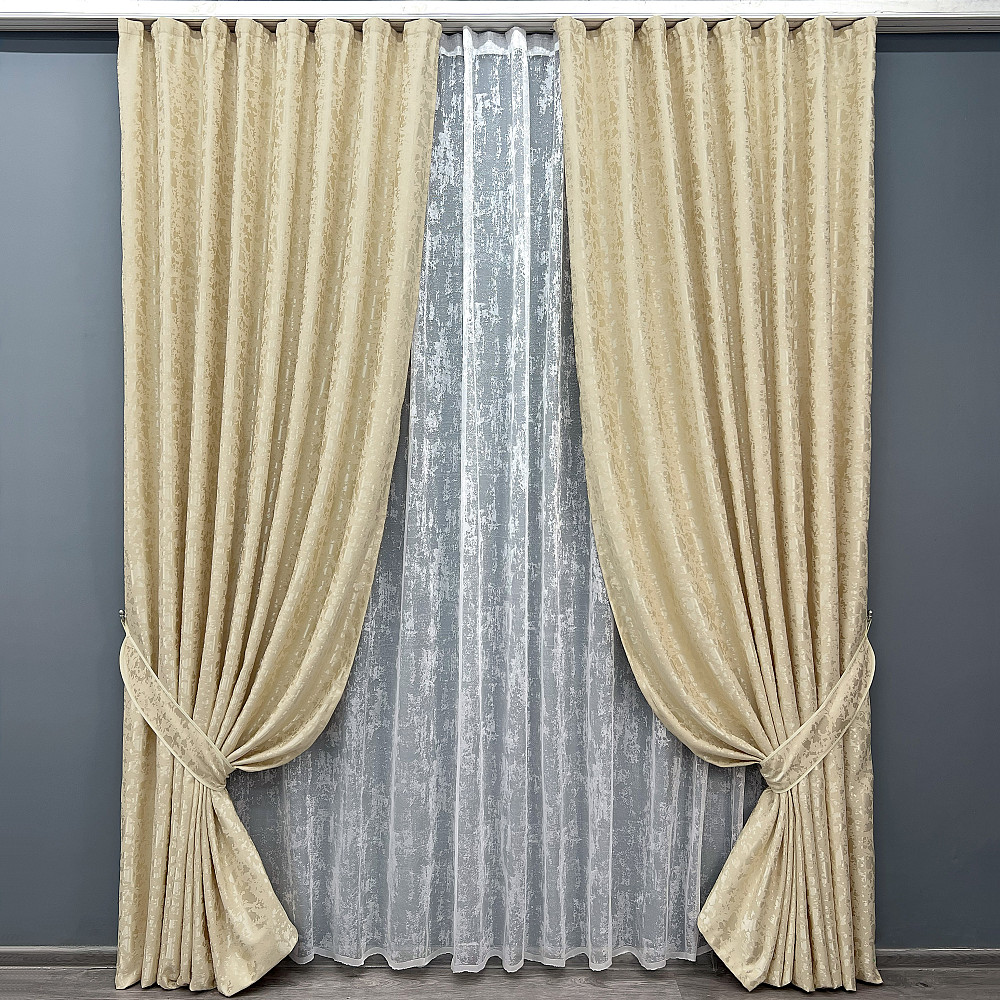 Комплект штор VR-Textil Льон Мармур 150х270 2шт і Тюль 400х270 1909ш-1400т Кремовий з білим 71-137/3 Київ - фото 1