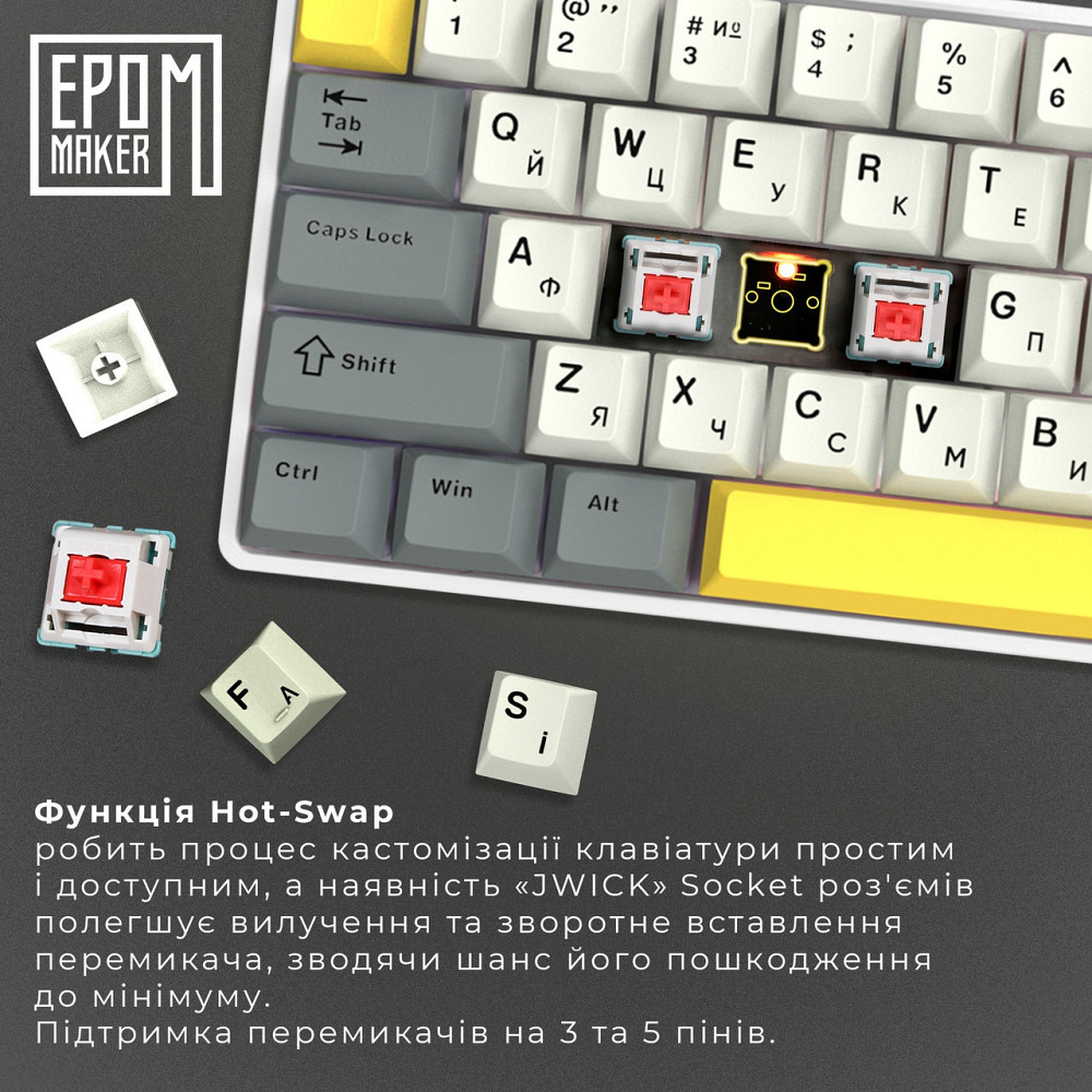 Клавіатура бездротова Epomaker EP64 60% Mulan Switch Hot-Swap (2.4G/BT/USB) RGB UA White (EP64-W-M) Білий Харків - фото 11