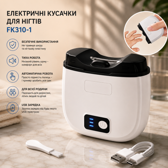 Электрические кусачки для ногтей FK310-1, автоматический триммер для маникюра, USB, тихий, безопасный для взрослых, пожилых людей Киев