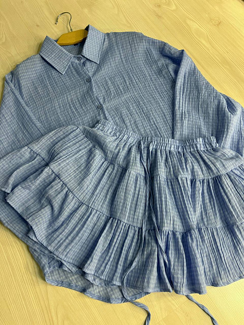 Костюм жіночий Xingyue 318-3 мусліновий у клітинку сорочка оверсайз і спідниця-шорти, блакитний, one size Київ - фото 13