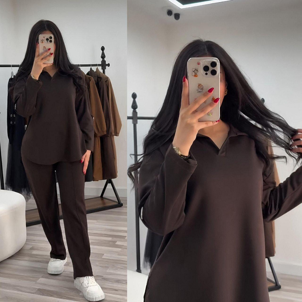 Жіночий стильний повсякденний костюм з V-вирізом двонитка Шоколад, 56/58 Одеса - фото 3