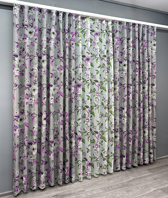 Комплект штор VR-Textil Лен Прованс 150х265 2шт и Тюль 500х265 1820ш-1802т Серый с фиолетовым и белым 71-109/4 Киев - изображение 3