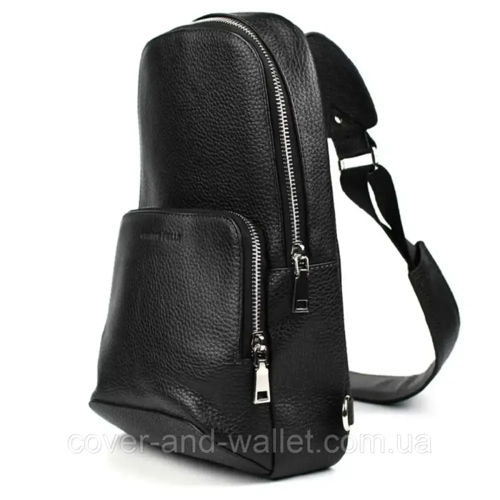 Мужская нагрудная сумка слинг из натуральной кожи черного цвета Grande Pelle 723710 Киев - изображение 2