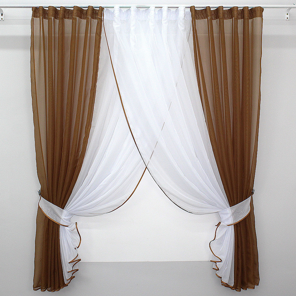 Кухонные шторки VR-Textil № 096к с подвязками коричневый с белым 400х170 см (50-673) Киев - изображение 1