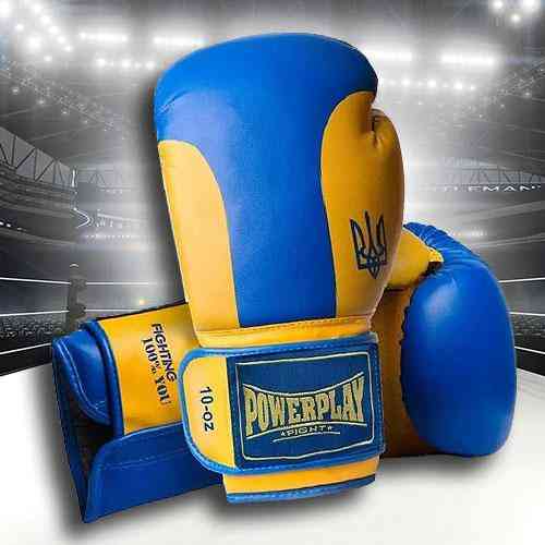 Перчатки боксерские для бокса и единоборств детские PowerPlay 3021 Ukraine 8 унций синие с желтым Киев