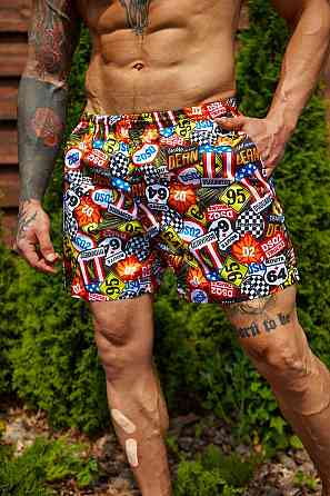 Короткі чоловічі шорти пляжні для купання і плавання з принтом швидковисихаючі до колін Бренди жовті Одеса