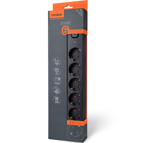 Мережевий подовжувач із заземленням 6 розеток 3м з кнопкою чорний VF-PD63G-B Oncord Videx Житомир - изображение 3