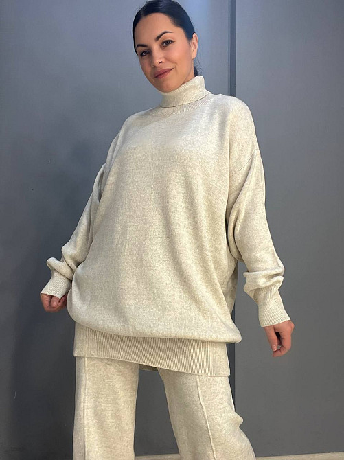 Костюм женский My fashion 202401-101 брюки со стрелкой шнурок и удлиненный свитер оверсайз one size, світло-бежевый, one size Киев - изображение 4