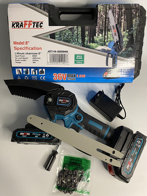 Пила з 2 акумуляторами 36V Для саду, городу ланцюгова міні, CHAIN SAW 8" KRAFFTEC Одеса - фото 3