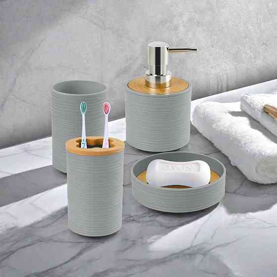 Набор аксессуаров 4в1 для ванной и душа, мыльница,дозатор для мыла, стаканы,пластик серый Каменец-Подольский