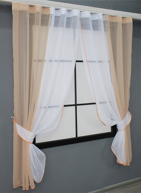 Кухонные шторы VR-Textil № 017к комбинированные с подвязками персиковый с белым 265х170 см (50-006) Киев - изображение 2