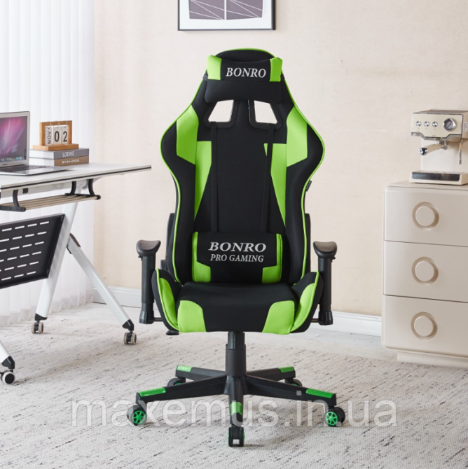 Компьютерное кресло для геймера из ткани с регулировкой подлокотников кресло геймерское B-142 черно-зеленое Мостиска - изображение 6
