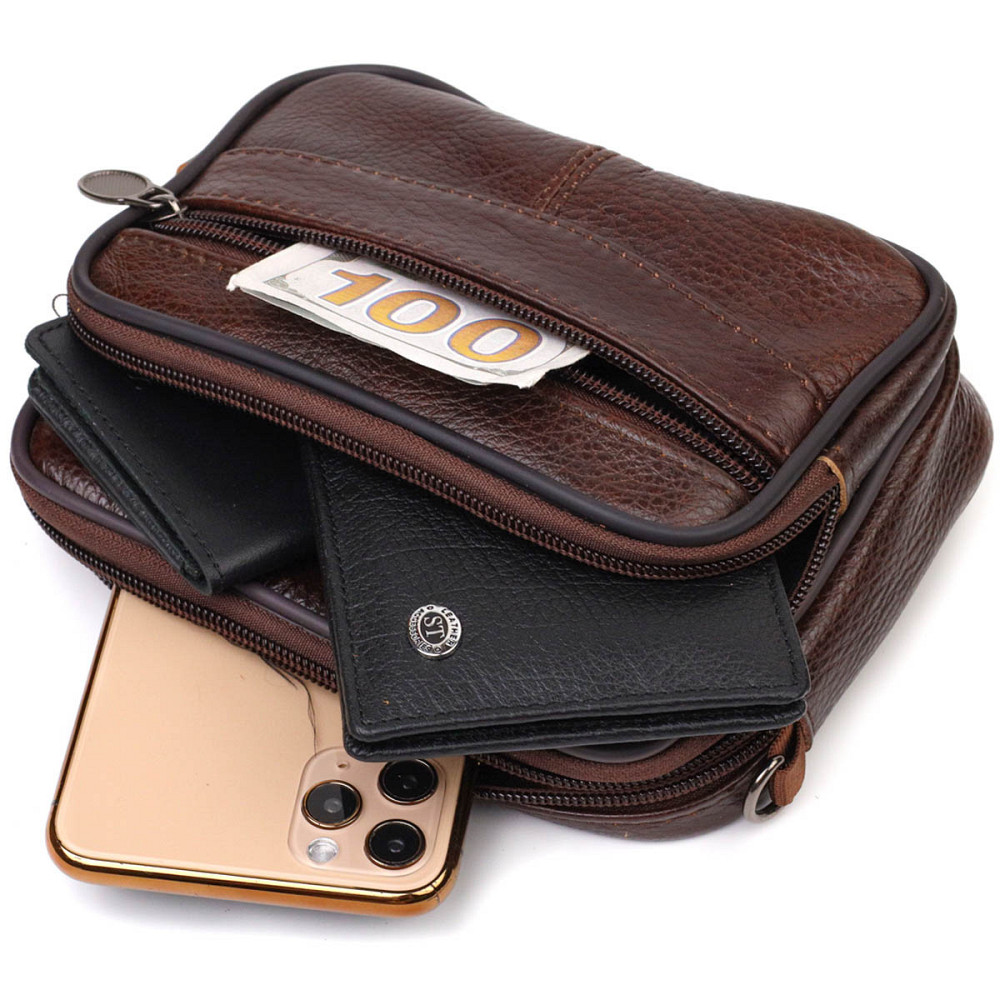 Чоловіча горизонтальна поясна сумка з натуральної шкіри Коричнева (Vintage) Київ - фото 1