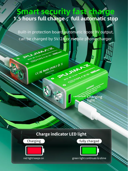Акумуляторна батарея Pujimax 9В 4600 мВт/год Type-C модель 6F22 для металошукача (2 шт.) Зелений Вінниця - фото 9
