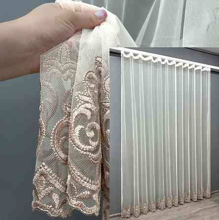 Тюль VR-Textil 1695т Грек-сетка с вышивкой и люрексом Молочный с пудровым 300х270 см (42-0736) Киев