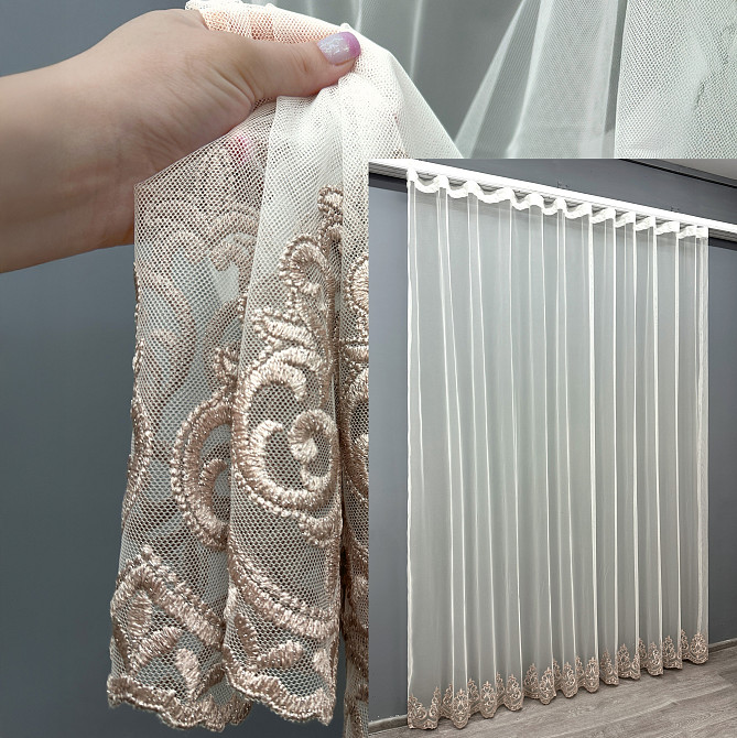 Тюль VR-Textil 1695т Грек-сетка с вышивкой и люрексом Молочный с пудровым 300х270 см (42-0736) Киев - изображение 1