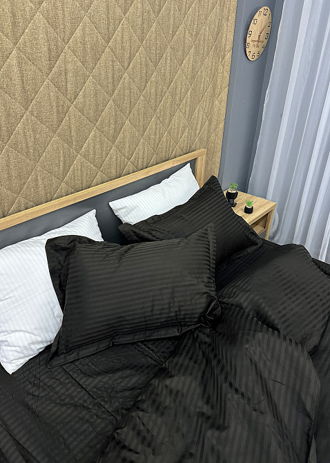 Комплект постельного белья Страйп-сатин Евро 200х230 с простыней на резинке Черный (88-119) Киев - изображение 7