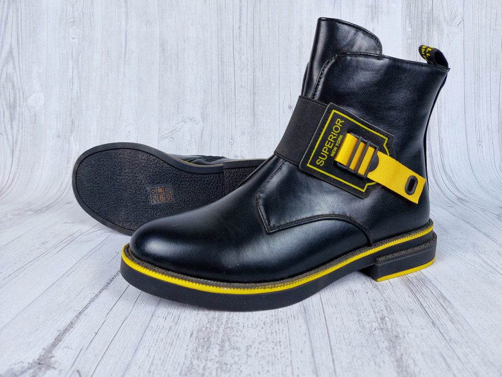 Детские демисезонные черные ботинки для девочек с желтыми вставками 32,35,36 Николаев - изображение 3