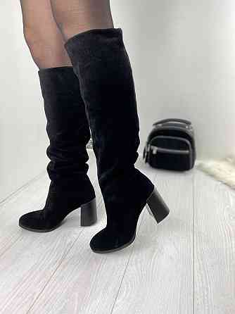 Injers Чоботи жіночі замшеві демісезонні весна-осінь на підборах чорні, з натуральної замші р. Коломыя