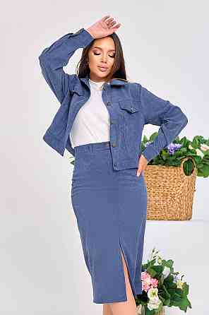 Жіночий стильний костюм-двійка: жакет і спідниця мікровельвет Джинс, 48 Одеса