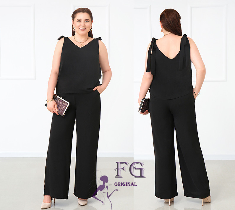 Літній жіночий костюм із широкими штанами "Ясмин" оптом | Норма та батал | Розпродаж моделі Чорний, 52 Київ - фото 1