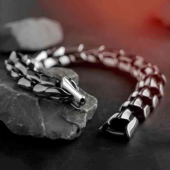 Сталевий чоловічий браслет у вигляді дракона RESTEQ — сріблястий браслет Дракон, довжина 19 см, 95 г Київ