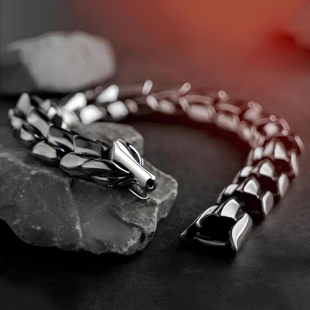 Сталевий чоловічий браслет у вигляді дракона RESTEQ — сріблястий браслет Дракон, довжина 19 см, 95 г Київ - фото 3