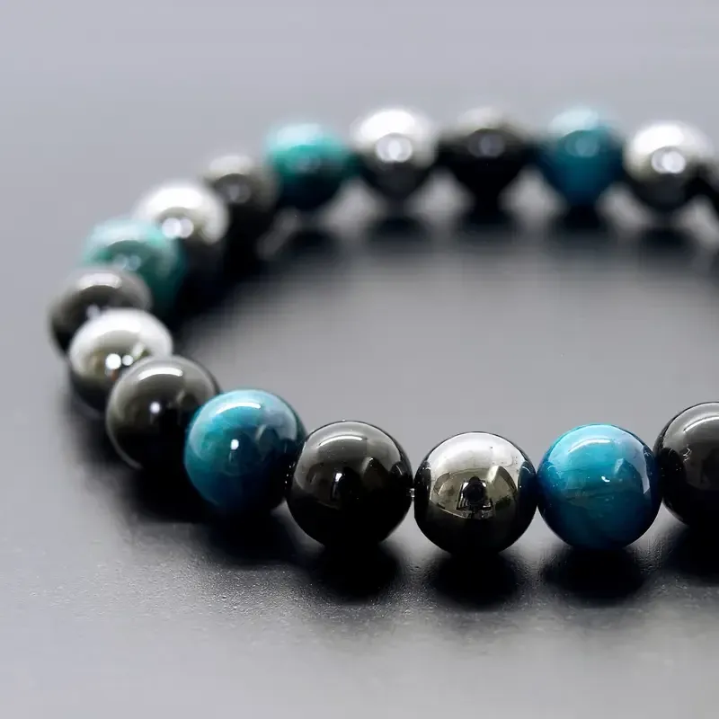 Браслет из гематита, обсидиана и тигрового глаза - черный и синий, 19 см Киев - изображение 2