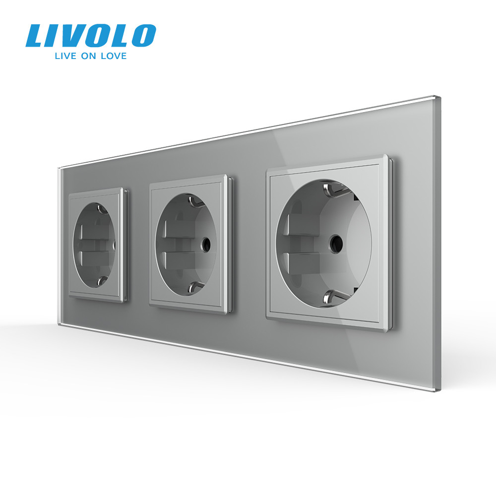 Потрійна електрична розетка з заземленням LIVOLO, сіра, скляна рамка, шторки, 250В 16А (VL-C7C3EU-15) Коломыя - изображение 6