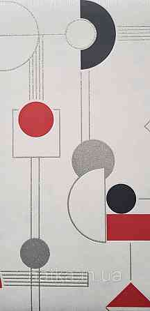 Шпалери вінілові на флізеліні Rasch Clasik 0,53х10 дитячі фігури смуги знаки червоні чорні сірі на білому Київ