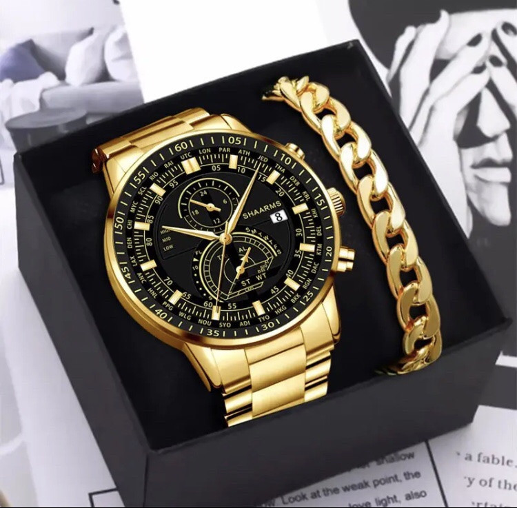 Подарочный набор для мужчин: наручные часы с браслетом- диам 4,2см, длин 22см, шир рем 1,8см, без коробки Киев - изображение 2