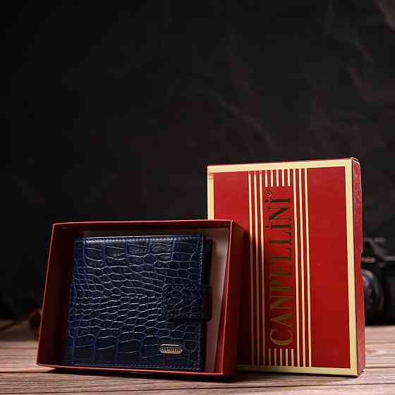 Гаманець для чоловіків горизонтального формату з натуральної шкіри з тисненням під крокодила Синій (CANPELLINI) Київ