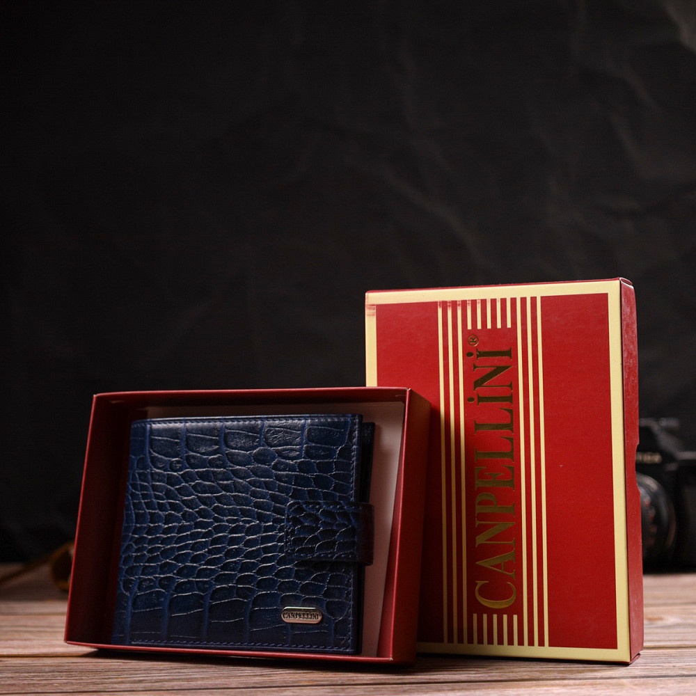Гаманець для чоловіків горизонтального формату з натуральної шкіри з тисненням під крокодила Синій (CANPELLINI) Київ - фото 4