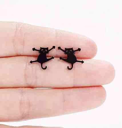 Серьги-гвоздики «Котик» чёрные – мини украшения из нержавеющей стали Киев