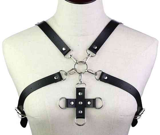 Портупея зі штучної шкіри з фіксатором Women's PU Leather Chest Harness Caged Bra GREY Sex Aura Київ