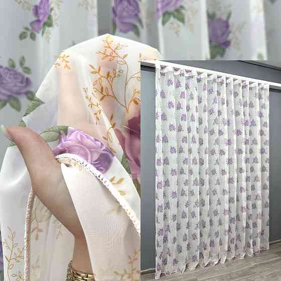 Тюль шифоновая с принтом цвет белый с сиреневым 1800т Киев