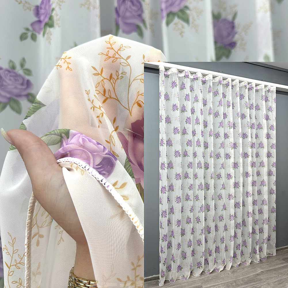 Тюль шифонова з принтом колір білий з бузковим 1800т Київ - фото 1