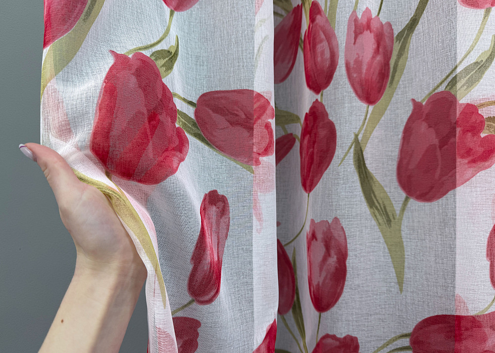Тюль батист, колекція "Flora" колір білий з червоним квітковим принтом 1171т Київ - фото 4