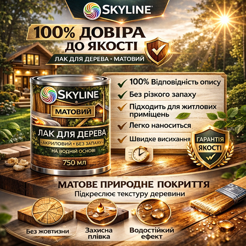 Лак для дерева Skyline матовый акриловый прозрачный без запаха для внутренних и наружных работ 750 мл Харьков - изображение 9