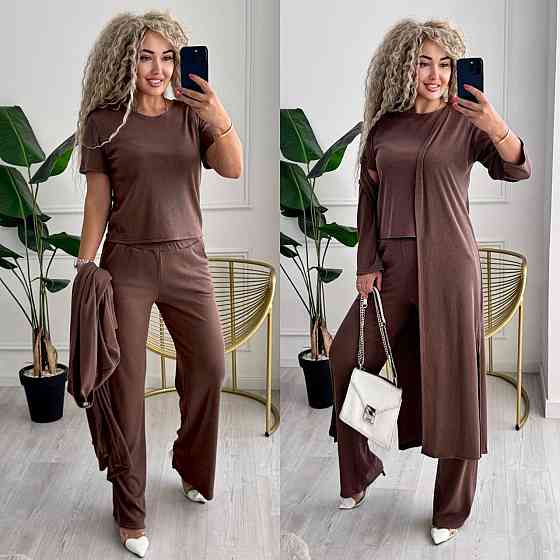 Женский базовый прогулочный костюм тройка: кардиган футболка и штаны трикотажный рубчик Мокко, 52/54 Одесса