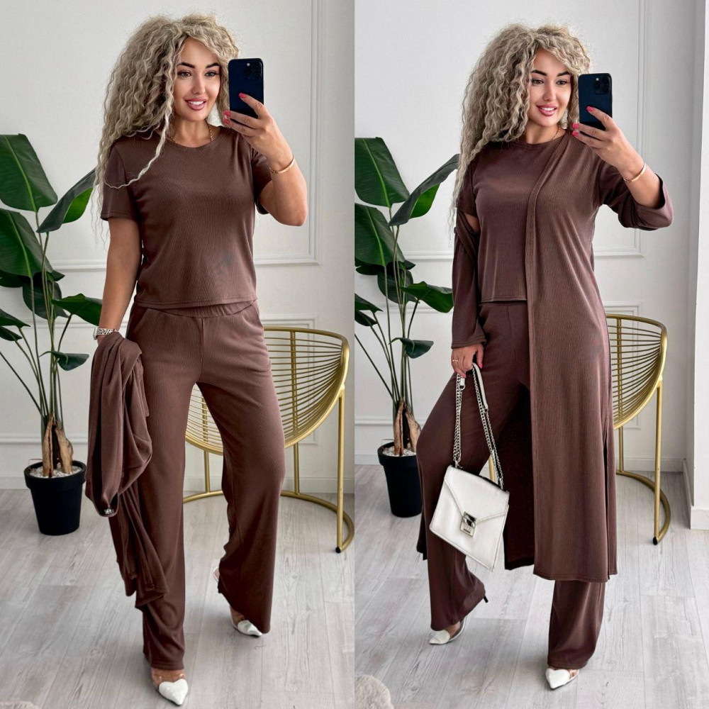 Жіночий базовий прогулянковий костюм-трійка: кардиган футболка та штани трикотажний рубчик Моко, 52/54 Одеса - фото 1