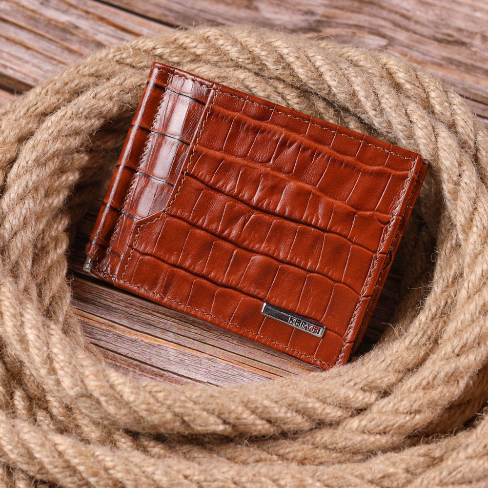 Фактурный зажим для мужчин из натуральной кожи с тиснением под крокодила KARYA 21418 Рыжий Киев - изображение 3