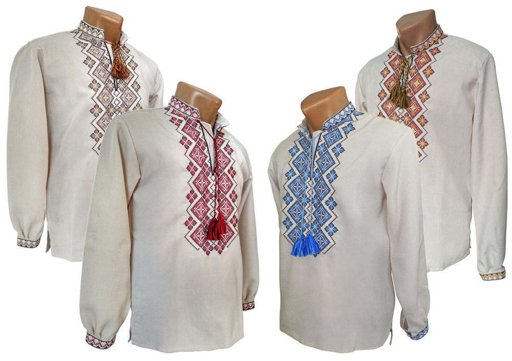 Українська чоловіча вишиванка з оранжево - червоним орнаментом Святкова в кольорі беж Київ - фото 2