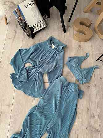 Женский легкий базовый костюм тройка: рубашка топ и штаны плиссе 48/50, Голубой Одесса